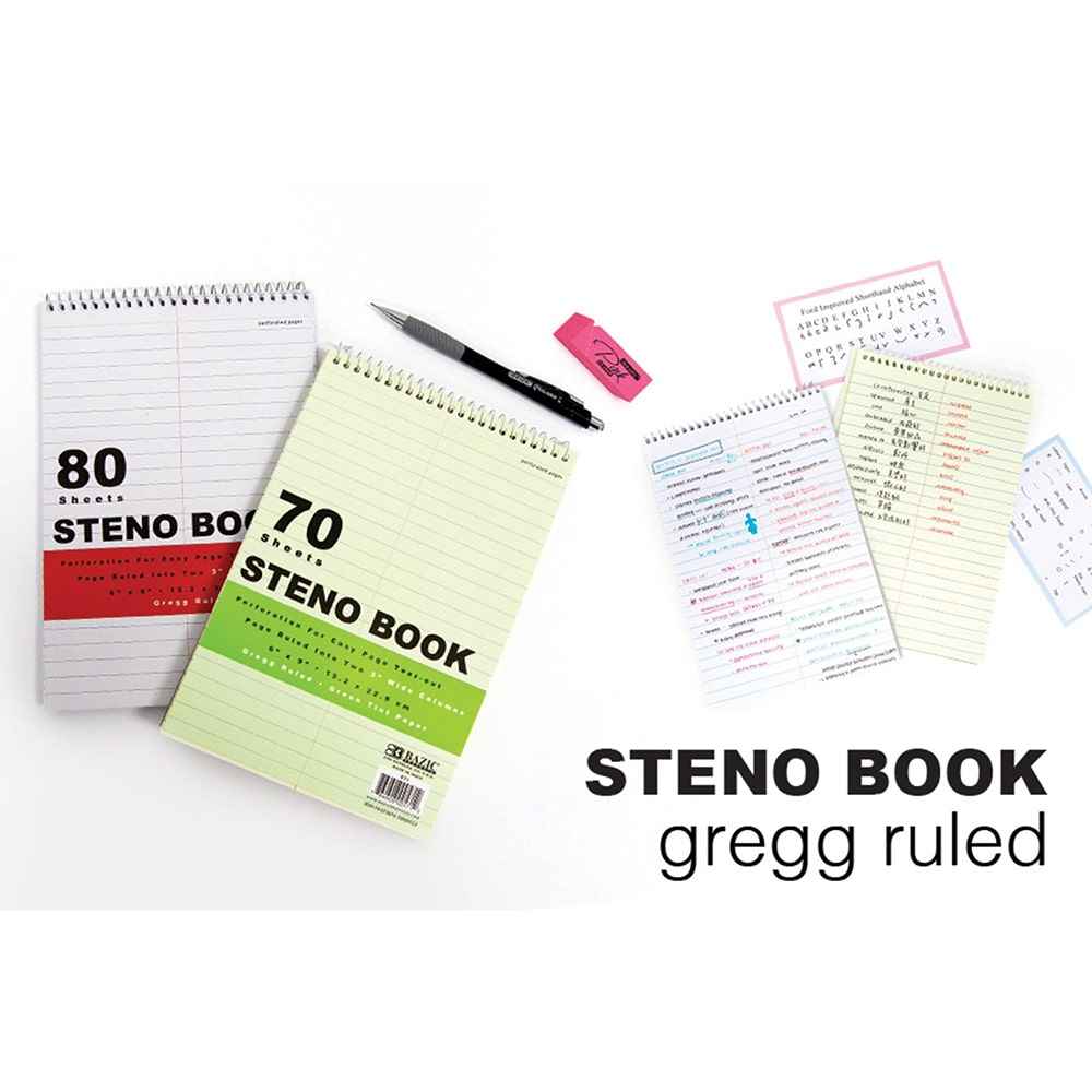 70 Ct. 6" X 9" Green Tint Gregg Ruled Steno Book.