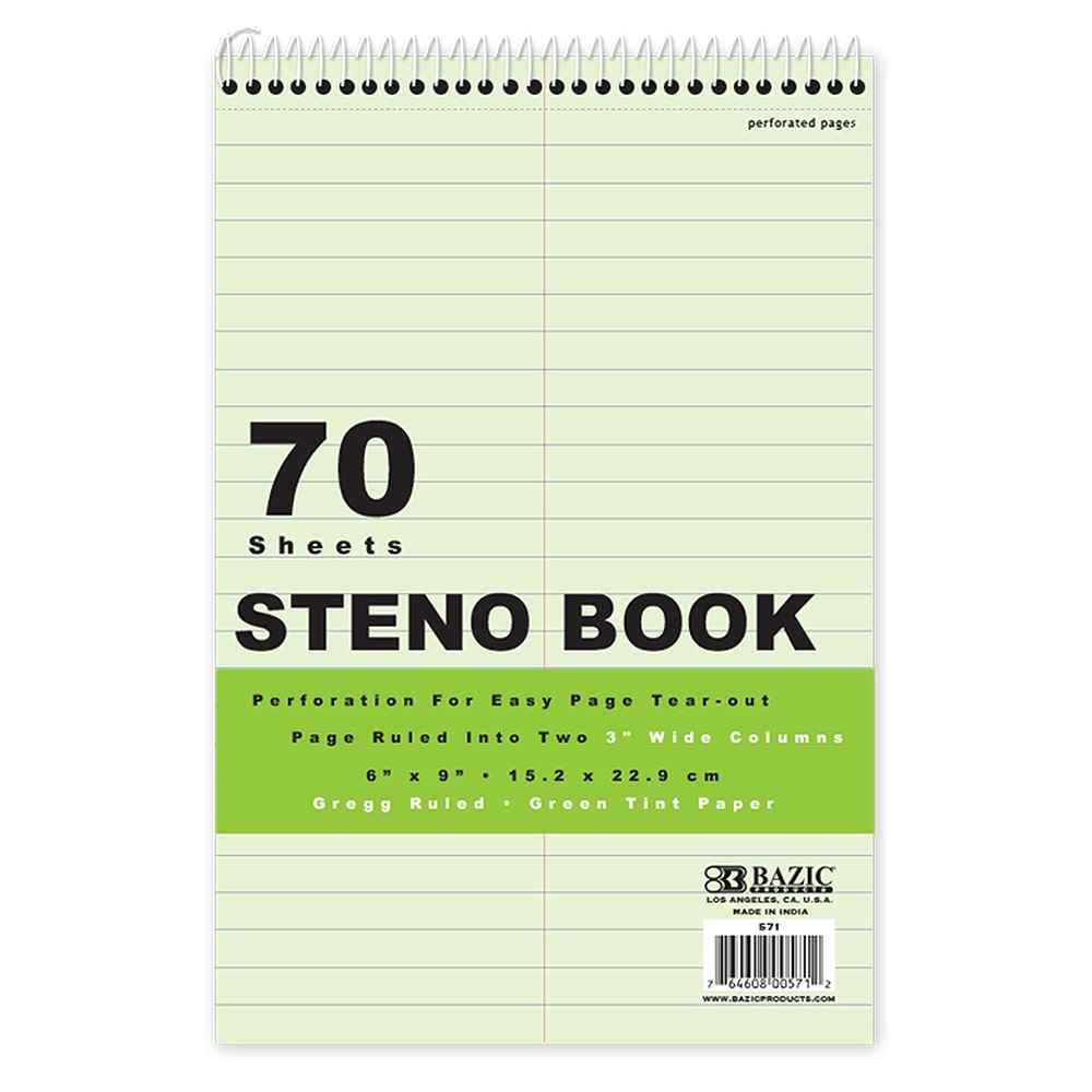 70 Ct. 6" X 9" Green Tint Gregg Ruled Steno Book.