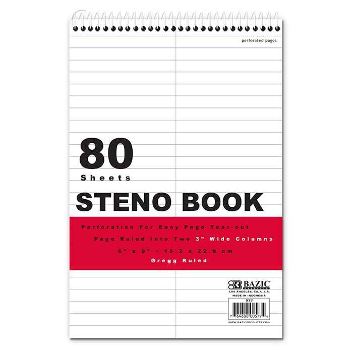 80 Ct. 6" X 9" White Paper Gregg Ruled Steno Book.