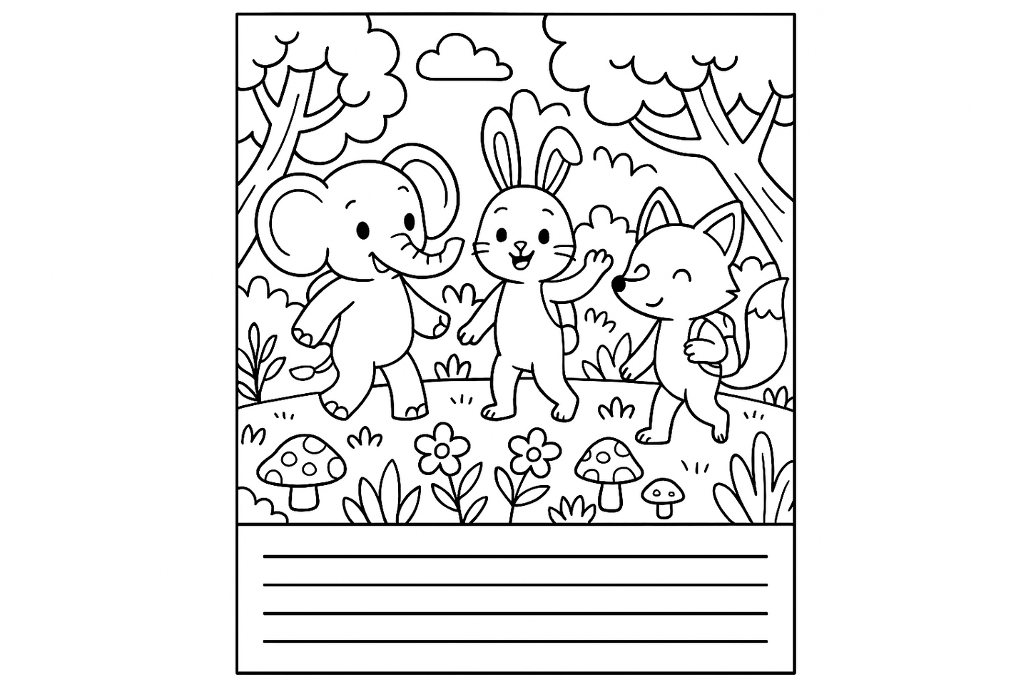 Animals Coloring And Writing Adventures Book! in Black & White Colors Illustrative Cartoon Style.