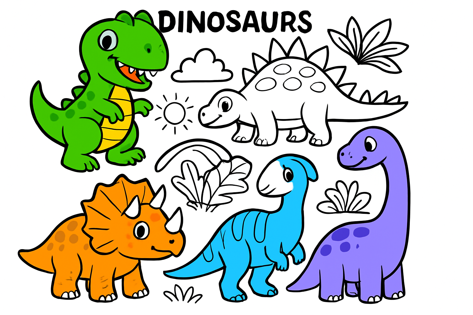 Dinosaurs Coloring Book in Colorful Lined Style.