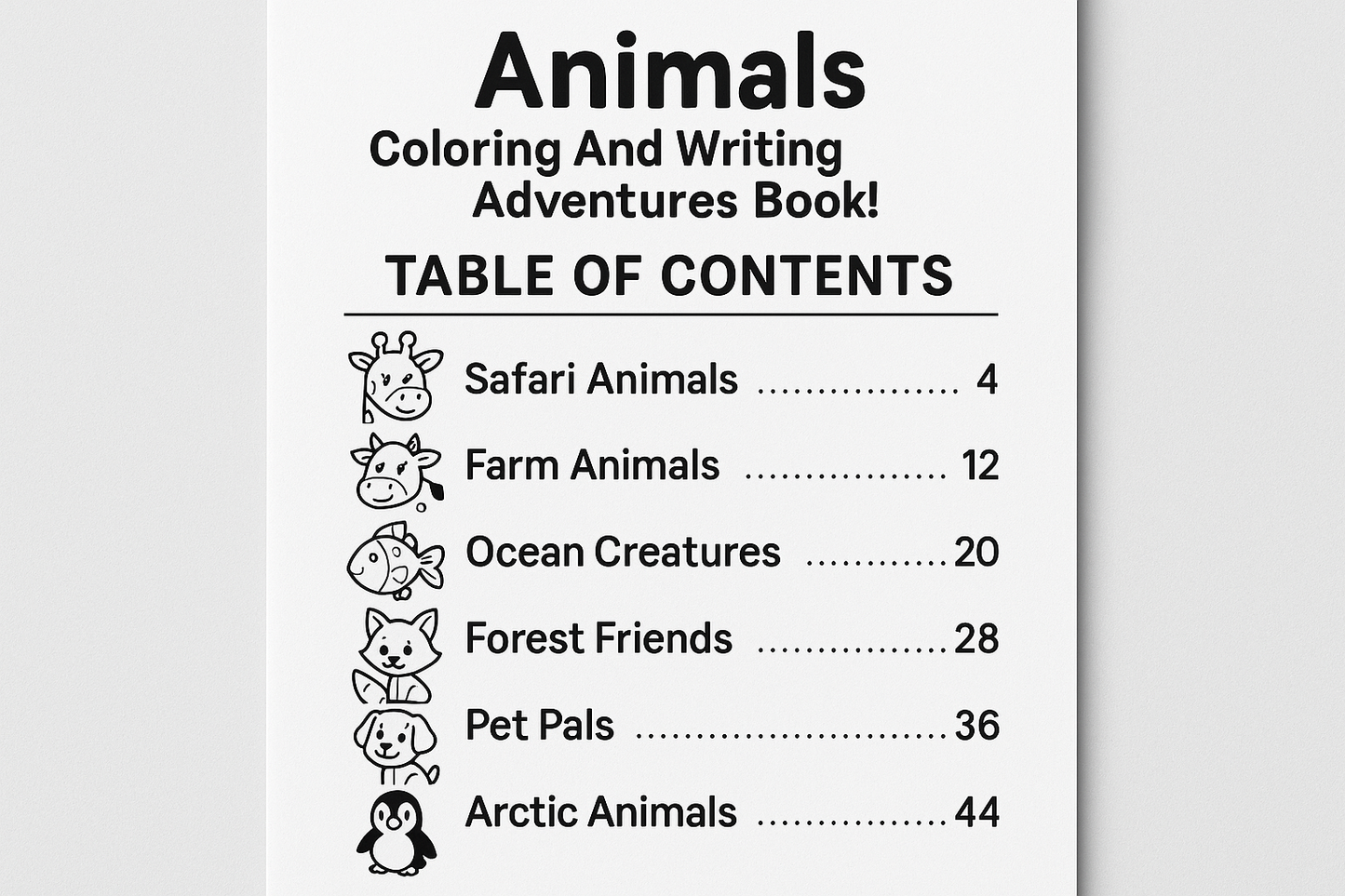 Table of contents for animals coloring book