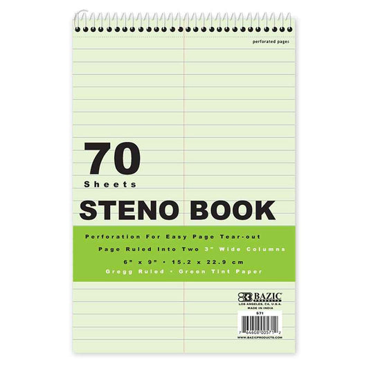 70 Ct. 6" X 9" Green Tint Gregg Ruled Steno Book.