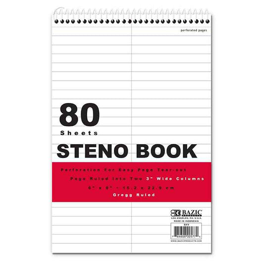 80 Ct. 6" X 9" White Paper Gregg Ruled Steno Book.