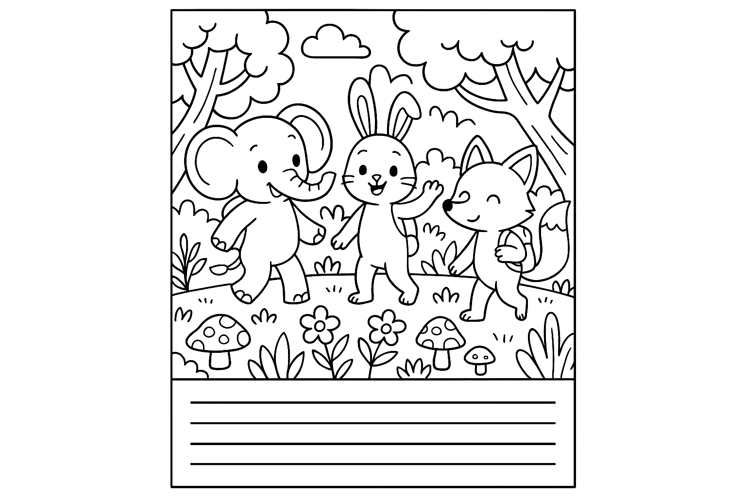 Animals Coloring And Writing Adventures Book! in Black & White Colors Illustrative Cartoon Style.