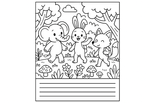 Animals Coloring And Writing Adventures Book! in Black & White Colors Illustrative Cartoon Style.