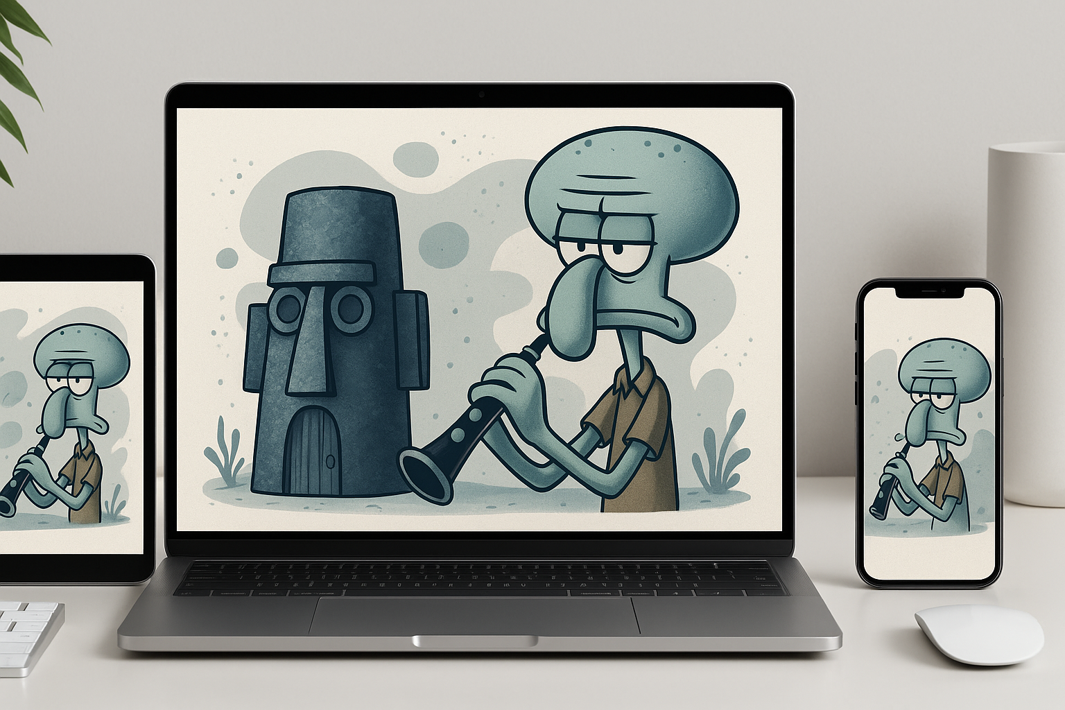 Squidward Minimalist Workspace Wallpaper Mockups