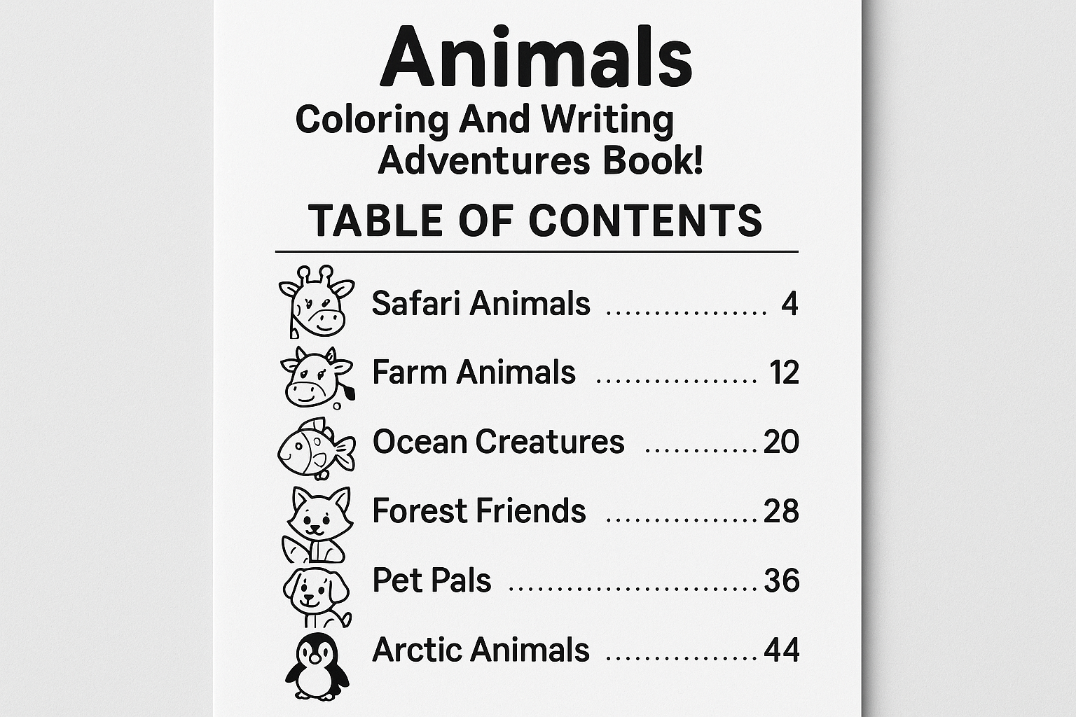 Table of contents for animals coloring book
